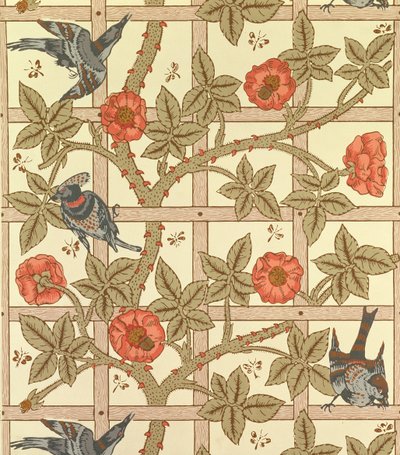 Disegno di carta da parati blu e arancione a traliccio, 1864 da William Morris